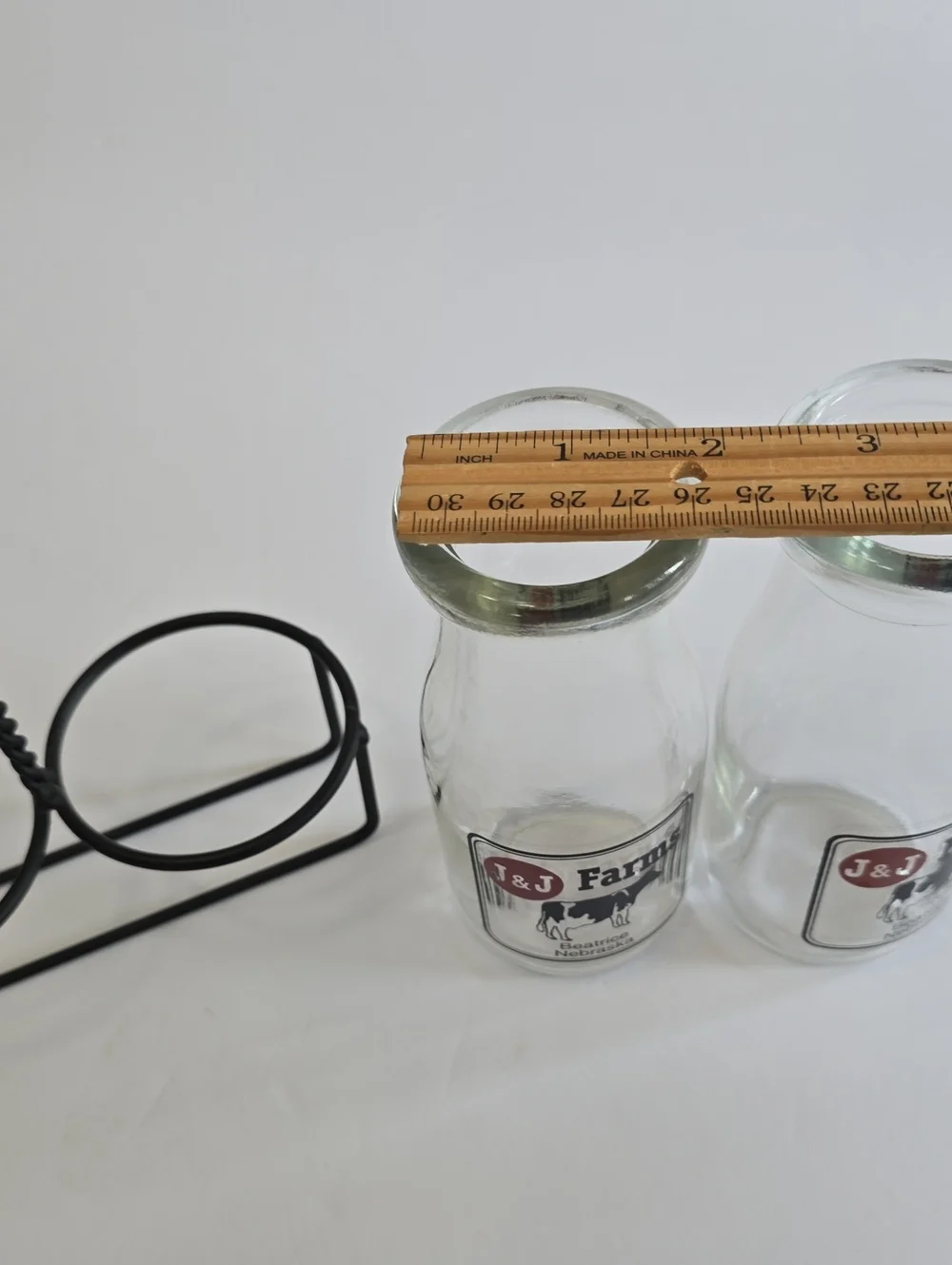 Vintage J&J Farms Set Of 2 Milk Glass Bottle Set With Metal Caddy Beatrice NE